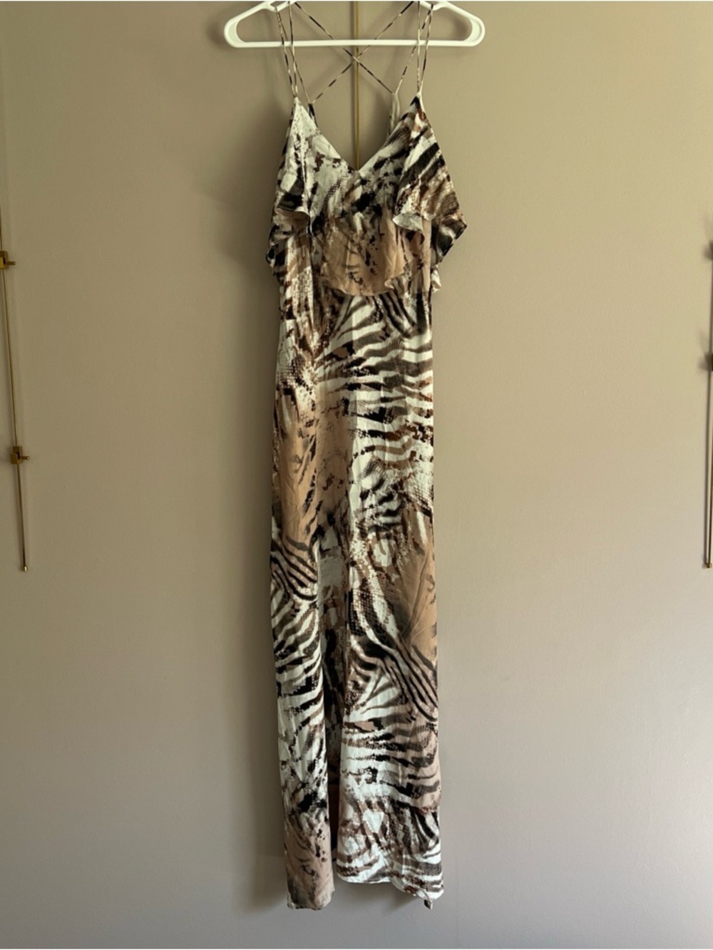Lani Tiger Print Maxi Slip Dress Womens Medium Beige Brown Ruffled Strappy Beach